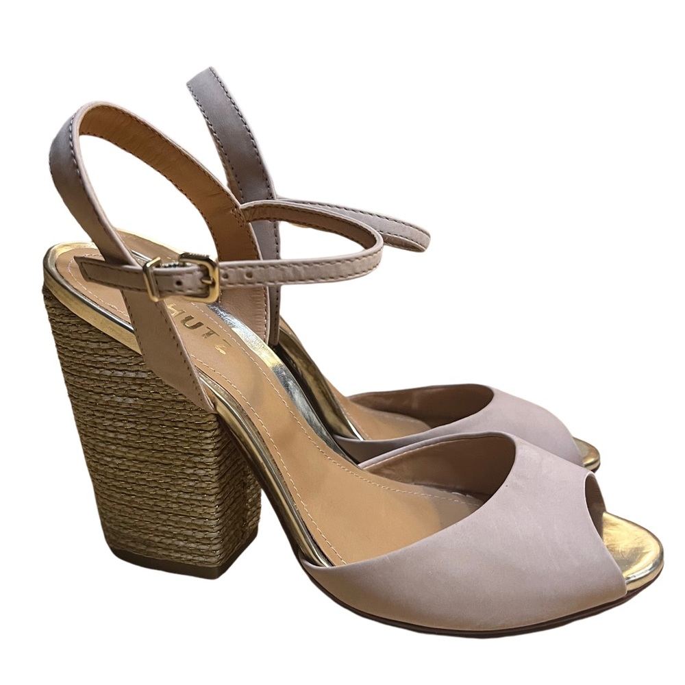Schutz Nude Leather Strappy Sandals with Block Heel size 8.